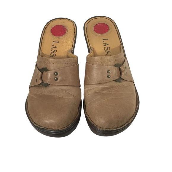 Lassen Tan Leather Slip On Wedge Platform Clog Mule Shoe Sz 11 M - Picture 2 of 12